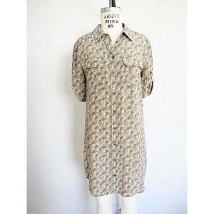 EQUIPMENT Silk Olive Green Floral Shirtdress XS Pineapple Flap Chest Tab Sleeve